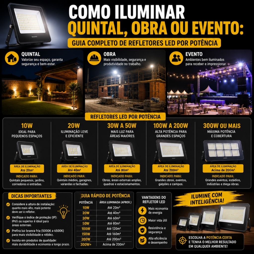 Como Iluminar Quintal, Obra ou Evento: Guia Completo de Refletores LED por Potência
